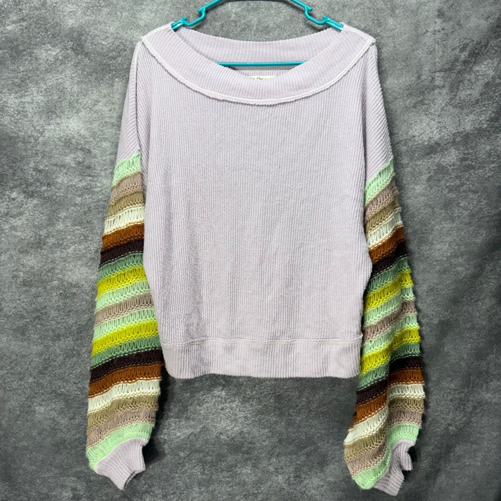 Free People Cha Cha Stripe Sweater Womens XS Lilac Purple Ribbed Balloon Sleeve